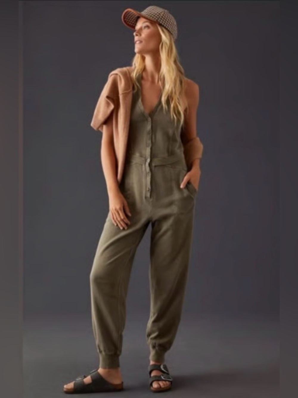Daily Practice Olive-Green Sleeveless Button-Front Jumpsuit XL